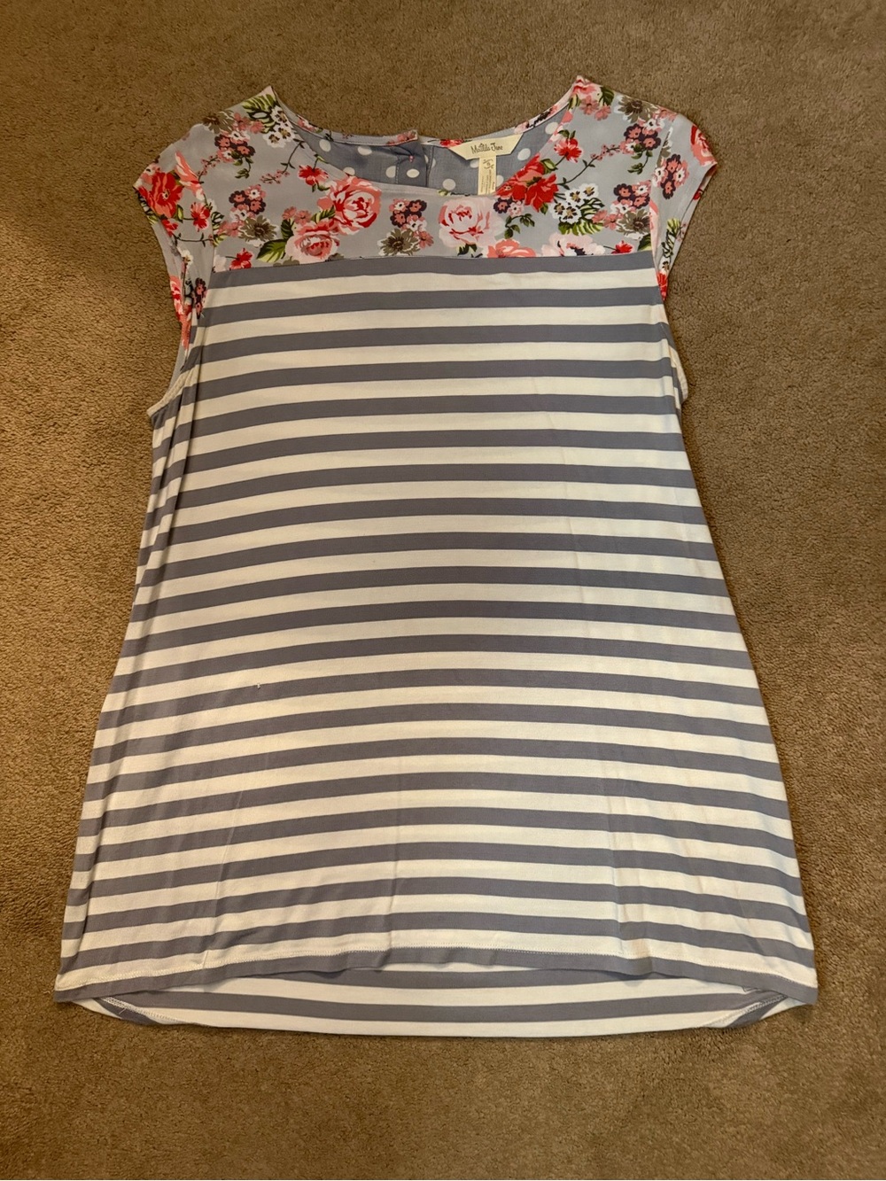Matilda Jane Women’s Size Small Pink Floral Yoke with Gray & White Stripes Top